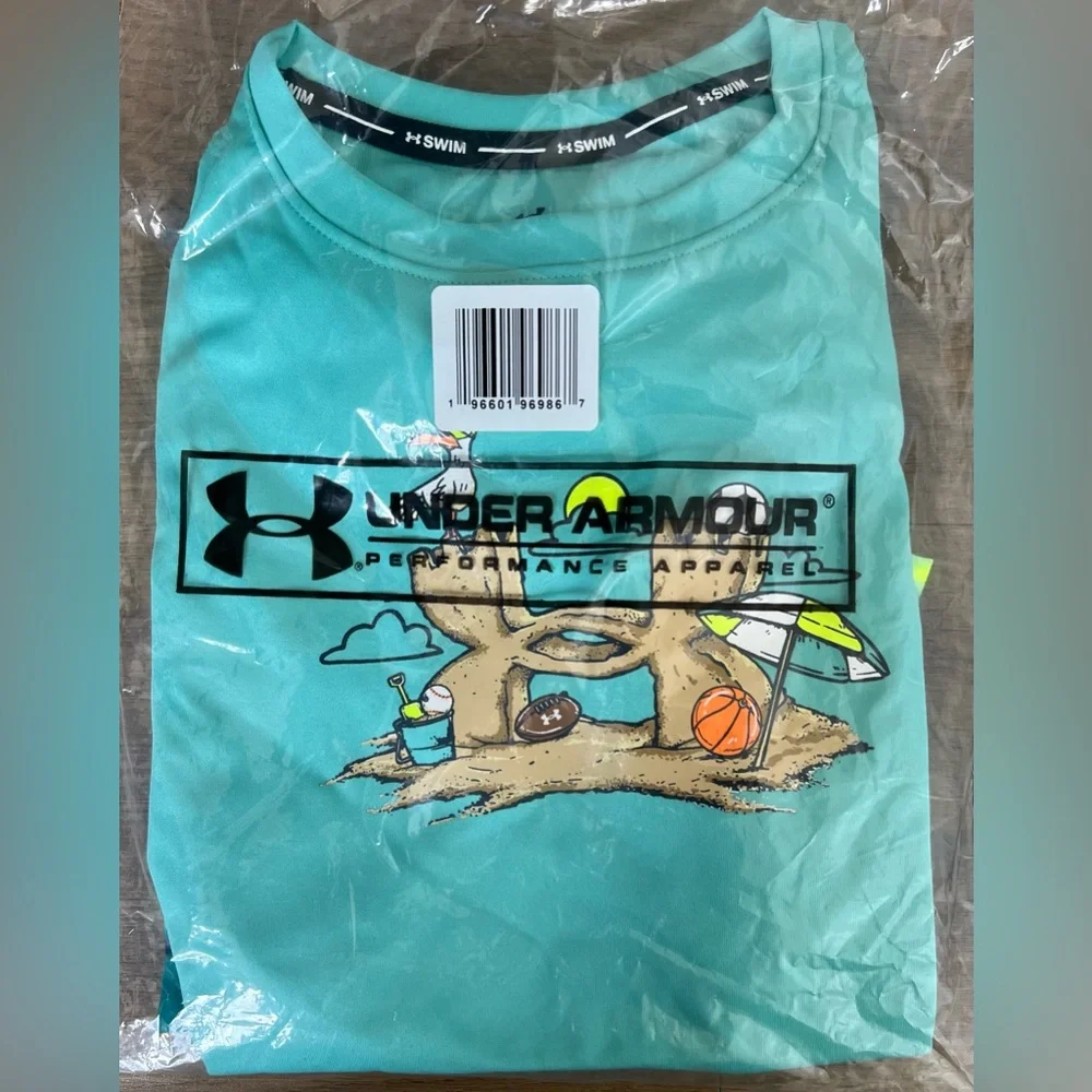 NEW Little Boy Under Armour Turquoise Rashguard & Swim Trunks Set